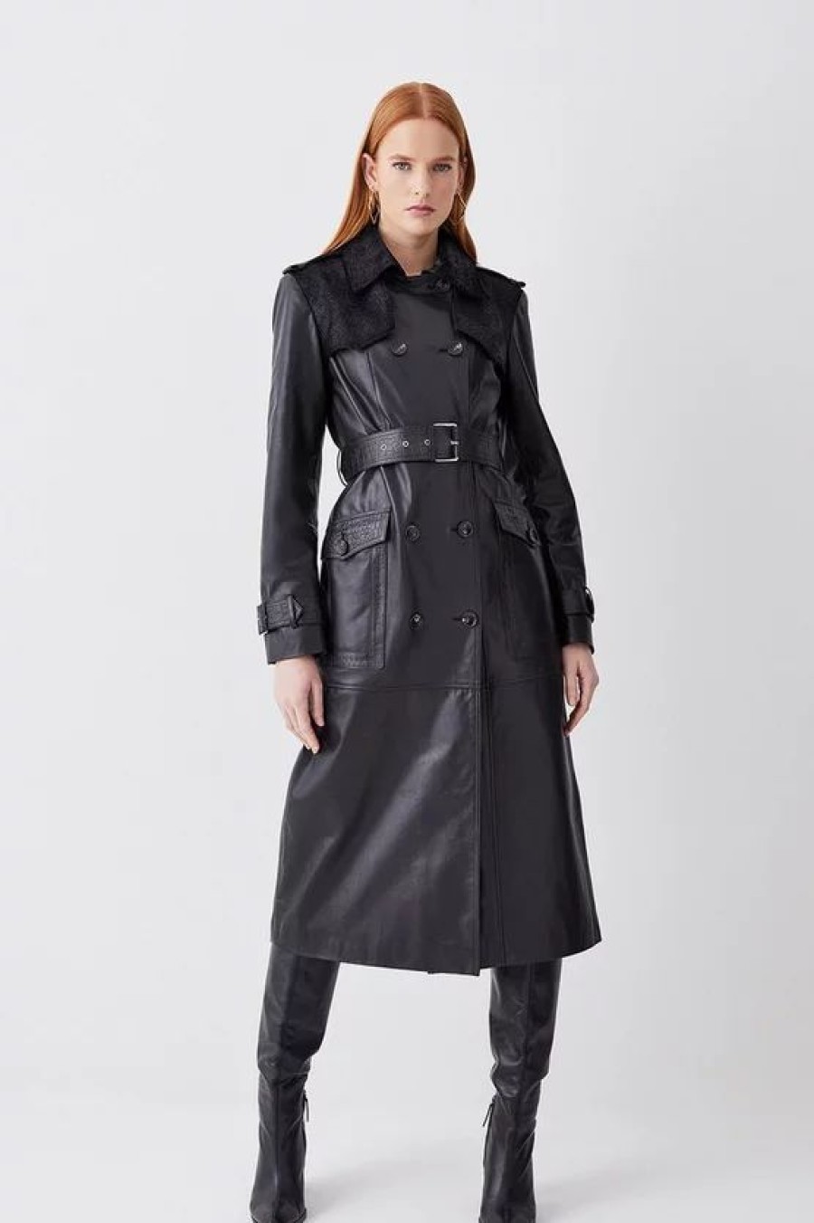 Hot * Best Deal Karen Millen Leather Contrast Panels Belted Midi Trench Coat Black