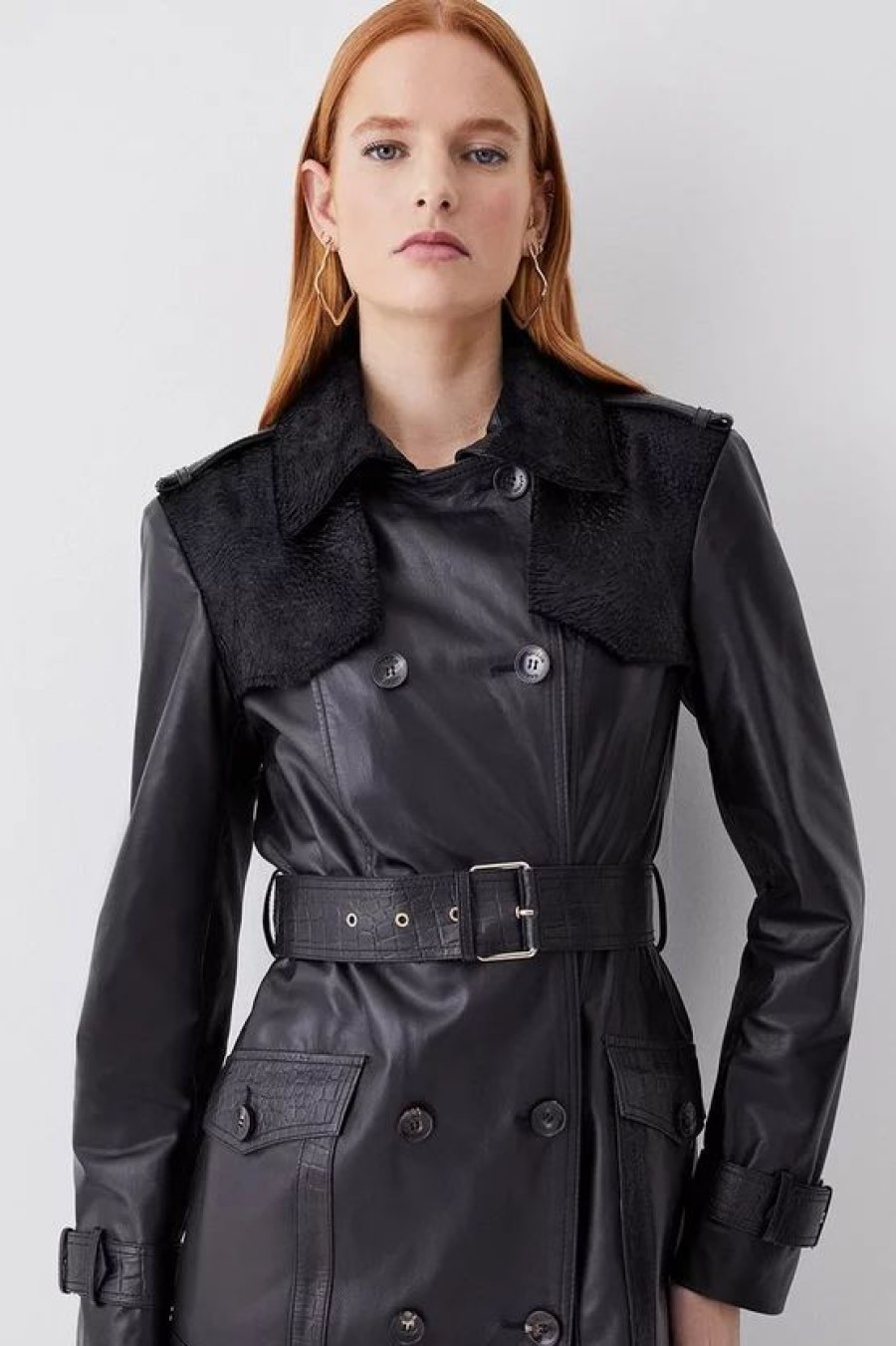 Hot * Best Deal Karen Millen Leather Contrast Panels Belted Midi Trench Coat Black